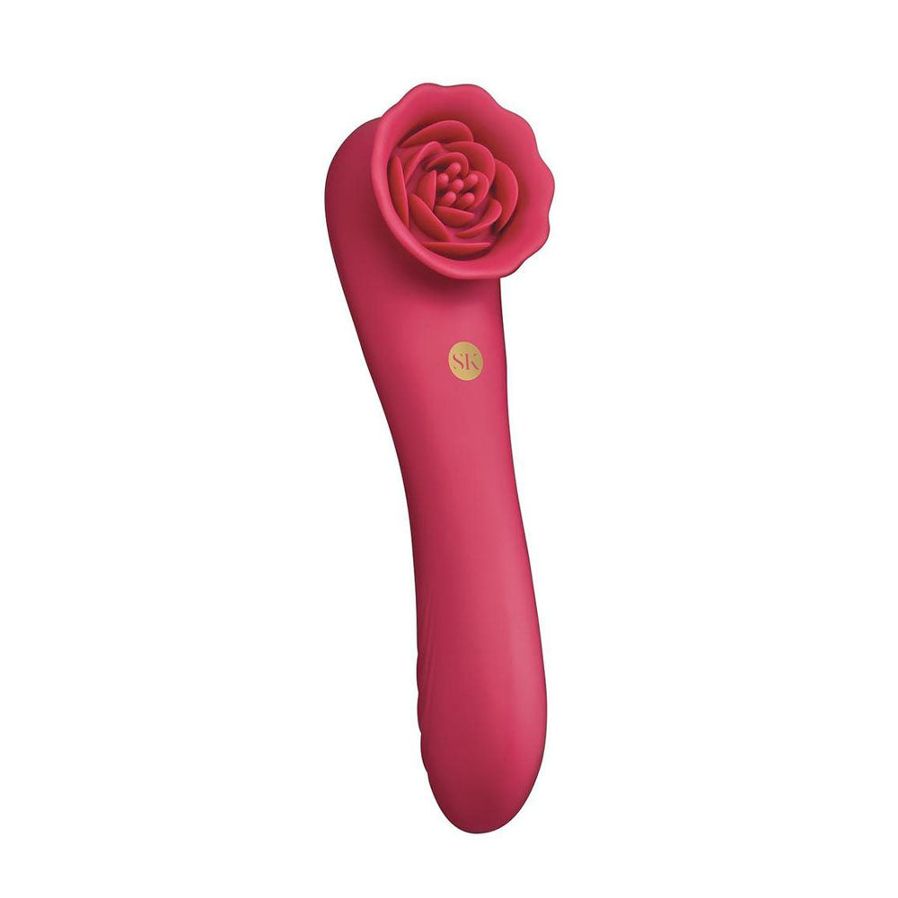 Secret Kisses ROSEGASM ROSE QUAKE -  18.8 cm USB Rechargeable Dual Ended Tapping Vibrator in pink with rose design.