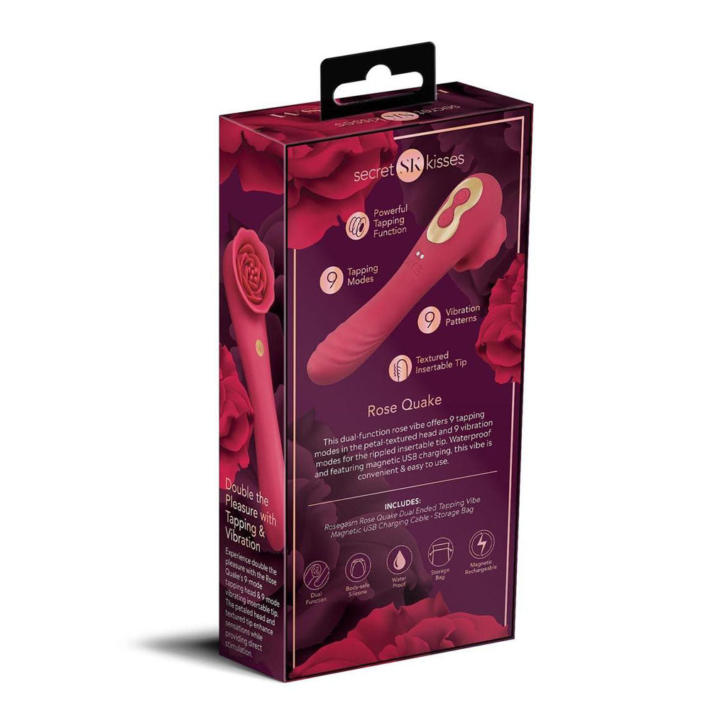 Secret Kisses ROSEGASM ROSE QUAKE - 18.8 cm USB Rechargeable Dual Ended Tapping Vibrator packaging with features.