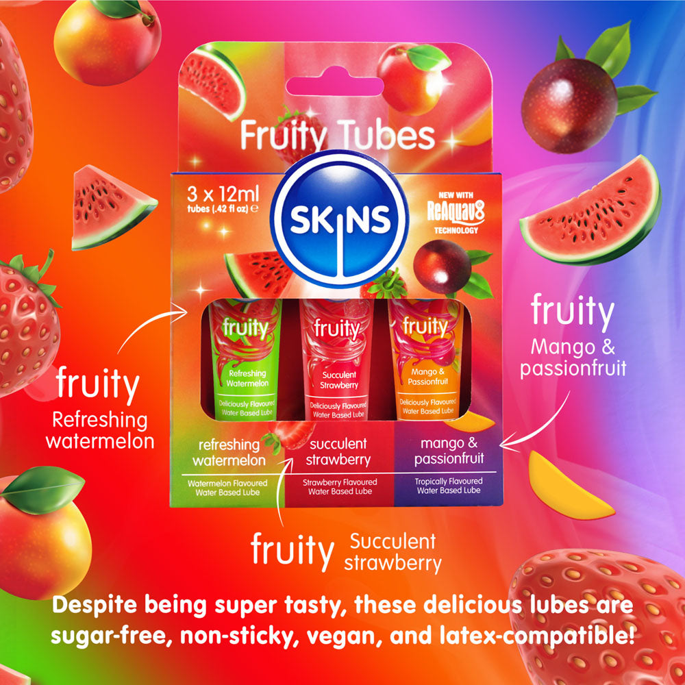 Skins Fruity Tubes - Watermelon, Strawberry, & Mango & Passionfruit Flavoured Lubricants - 12 ml Bottles packaging with fruity flavor descriptions.