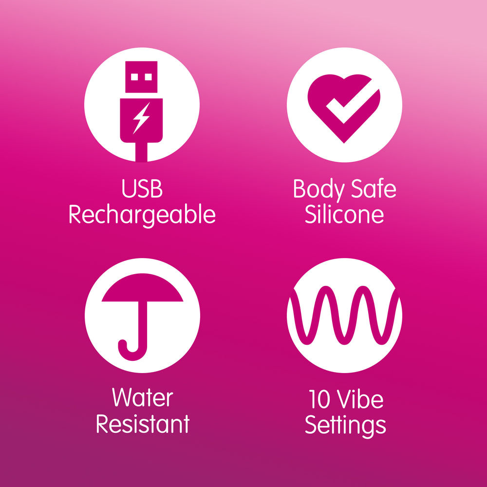 Features of Skins Super Excite Rechargeable Bullet - USB Rechargeable Bullet: USB rechargeable, body safe silicone, water resistant, 10 vibe settings.