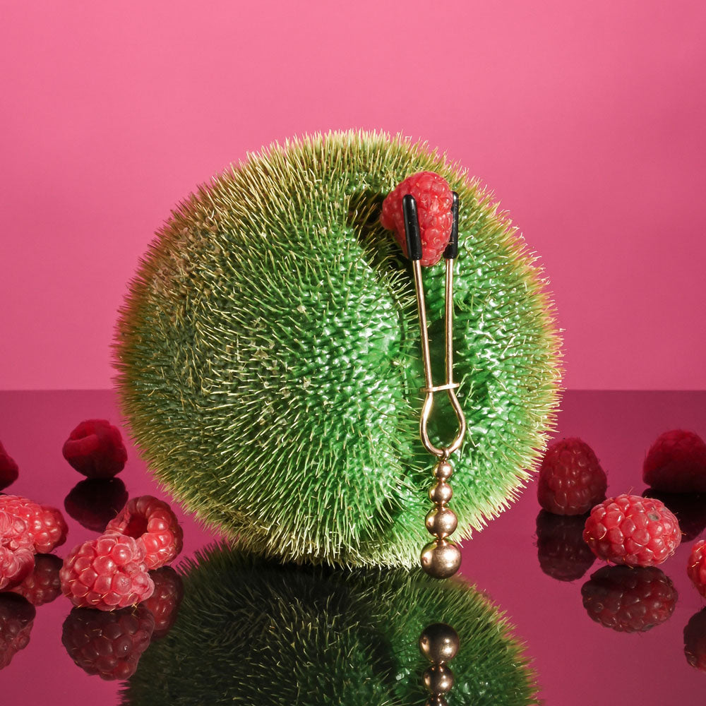 Selopa BEADED NIPPLE CLAMPS -  -  Nipple Clamps - Set of 2 displayed on a vibrant background with raspberries.