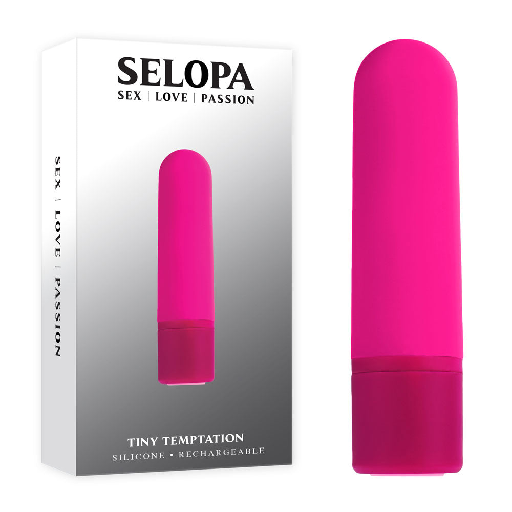 Selopa TINY TEMPTATION -  9.2 cm USB Rechargeable Bullet in pink silicone packaging with sleek design.