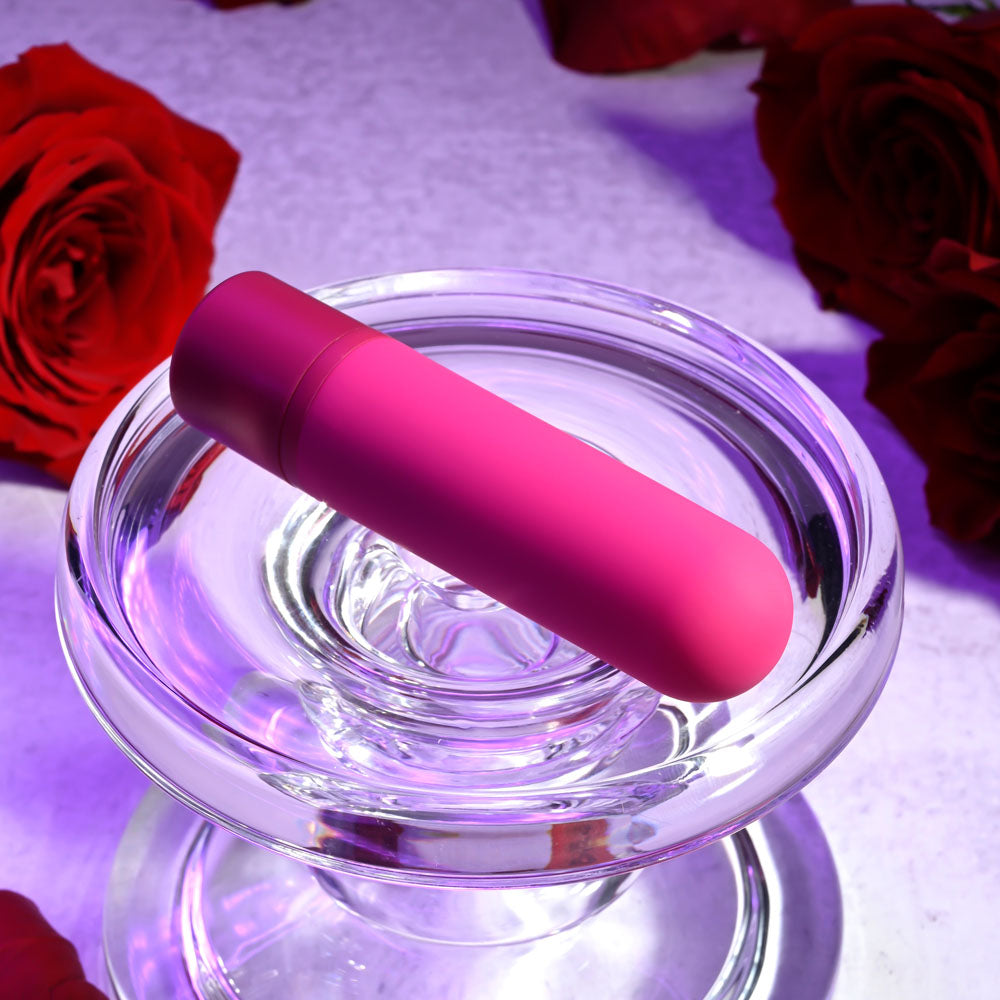 Selopa TINY TEMPTATION - 9.2 cm USB Rechargeable Bullet on glass dish with rose petals, a perfect intimate essential for her.