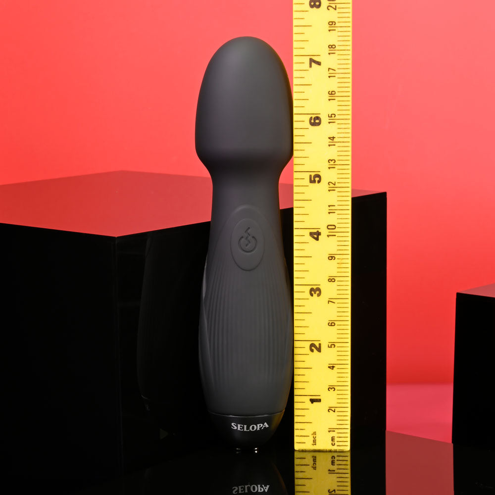 Selopa POWER TRIP - 18.8 cm USB Rechargeable Massage Wand next to a measuring tape for size reference.