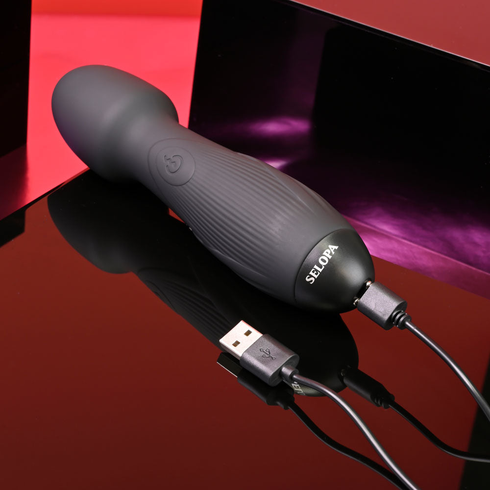 Selopa POWER TRIP - 18.8 cm USB Rechargeable Massage Wand with textured grip and charging cable.