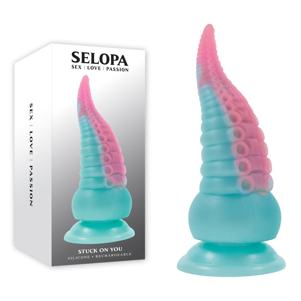 Selopa STUCK ON YOU - Blue/Pink 19 cm USB Rechargeable Vibrating Tentacle Fantasy Dildo with box and suction cup base.