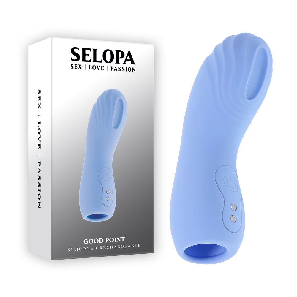 Selopa GOOD POINT -  USB Rechargeable Hollow Vibrating Finger Stimulator in blue silicone packaging.