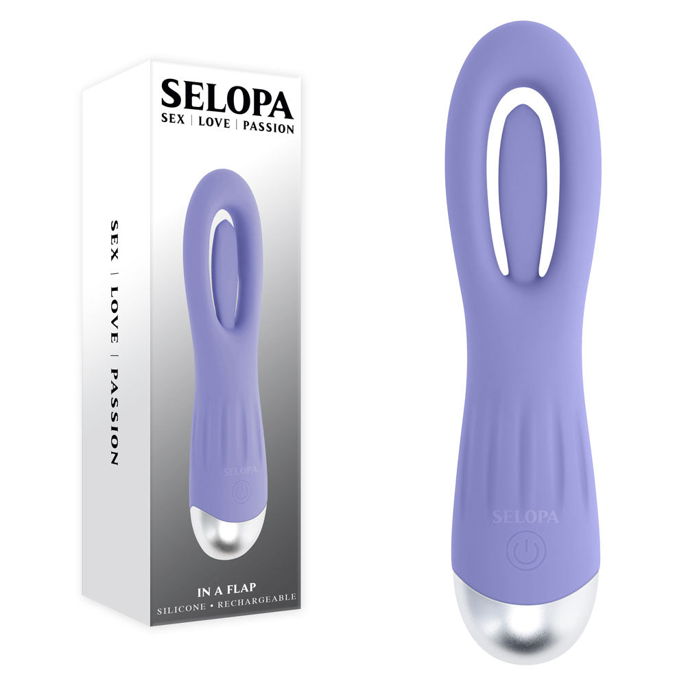 Selopa IN A FLAP - 15 cm USB Rechargeable Flicking Stimulator in a purple design with a sleek handle and packaging.