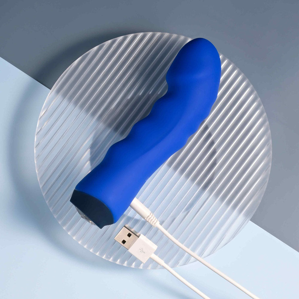 Selopa  BANGER -  13.6 cm USB Rechargeable Vibrator on a clear plate with USB charging cable.