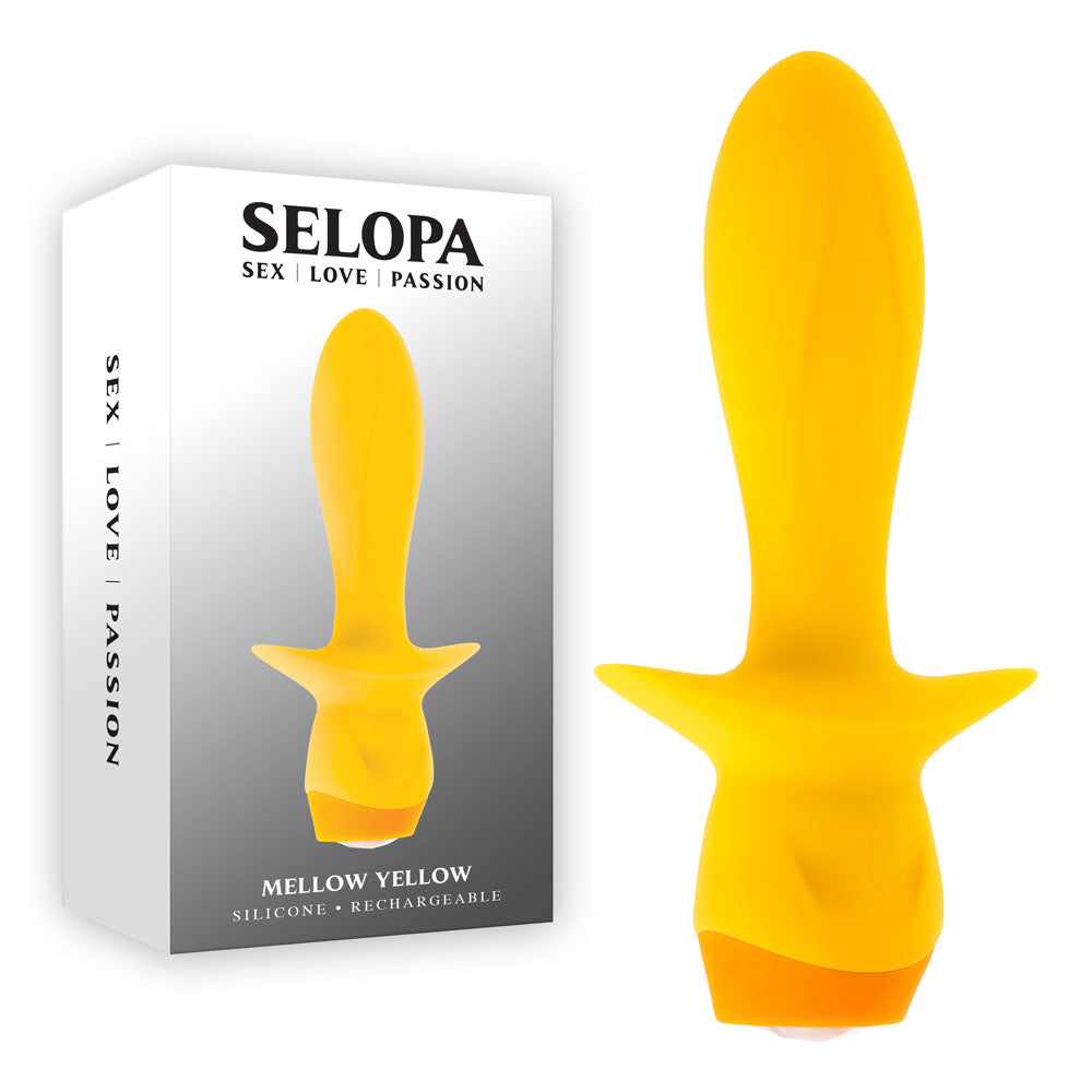 Selopa MELLOW  -  13.5 cm USB Rechargeable Vibrating Anal Plug with yellow silicone design and packaging.