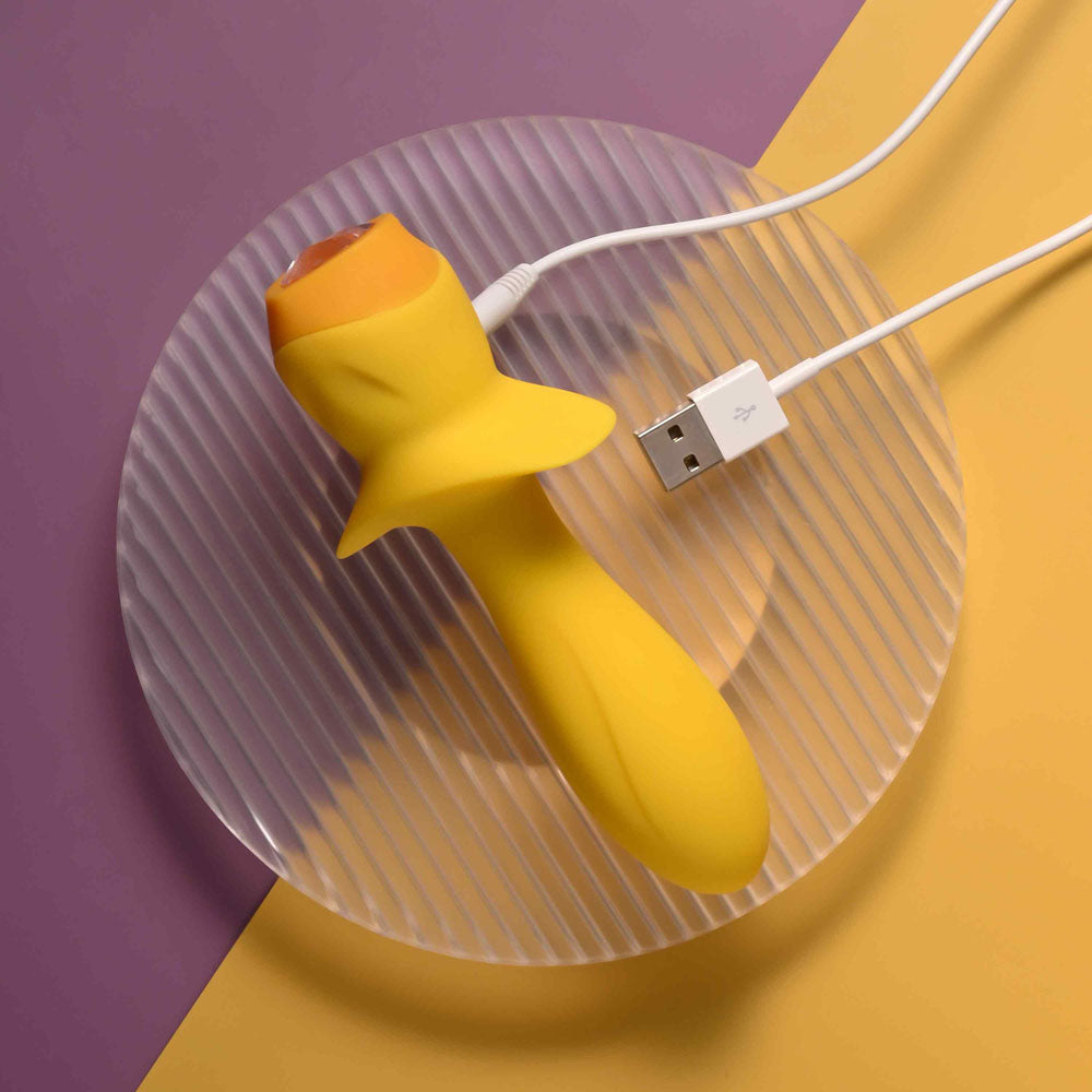 Selopa MELLOW - 13.5 cm USB Rechargeable Vibrating Anal Plug on a clear plate with charging cable.