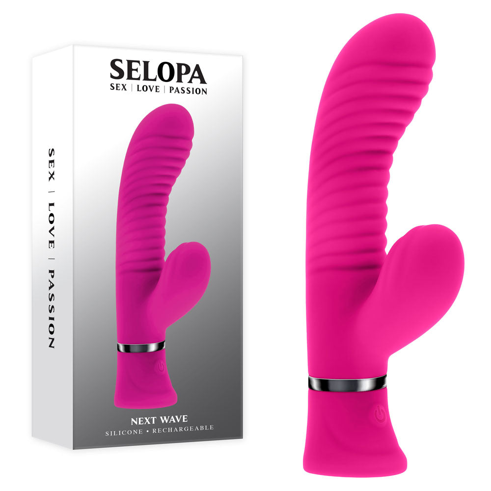 Selopa NEXT WAVE - 16.4 cm USB Rechargeable Dual Vibrator in pink silicone packaging for intimate essentials.