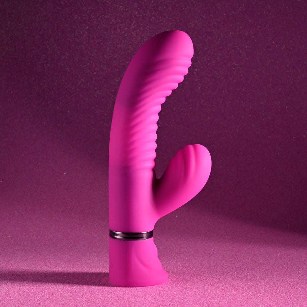 Selopa NEXT WAVE -  16.4 cm USB Rechargeable Dual Vibrator in vibrant pink with wavy grooves for unique stimulation.