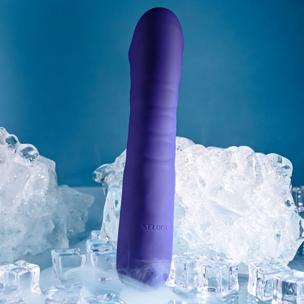 Selopa AMBITION - 17 cm USB Rechargeable Thrusting Vibrator on ice, showcasing its smooth silicone design.