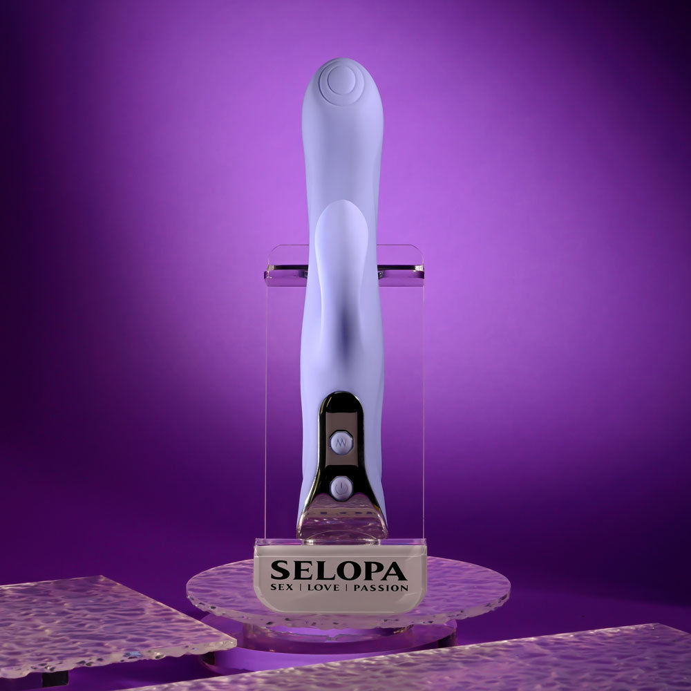 Evolved LAVENDER LOVE - 23.3 cm USB Rechargeable Rabbit Vibrator displayed on a stand with a purple background.