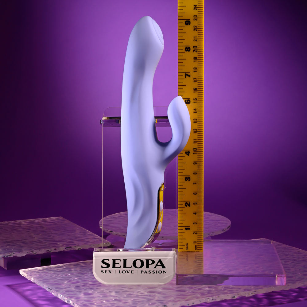 Evolved LAVENDER LOVE - 23.3 cm USB Rechargeable Rabbit Vibrator displayed with a ruler for size comparison.