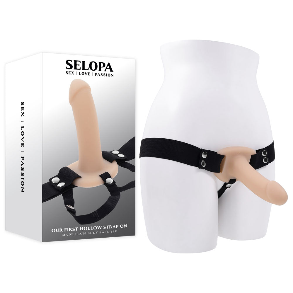 Selopa OUR FIRST HOLLOW STRAP ON LIGHT - 16.3 cm Hollow Strap-On displayed on a mannequin with harness