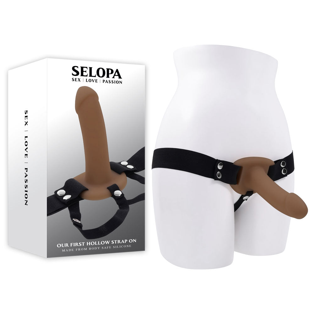 Selopa OUR FIRST HOLLOW STRAP ON DARK -  16.3 cm Hollow Strap-On displayed on a mannequin with harness.