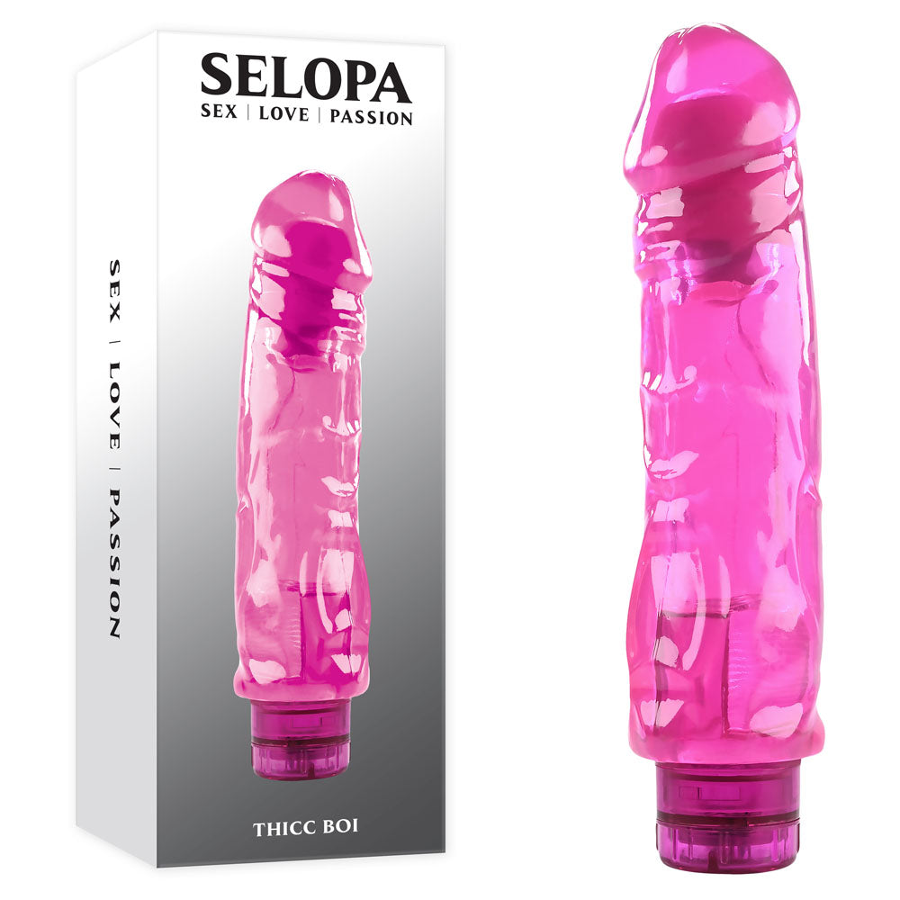 Selopa THICC BOI - 22.9 cm Vibrator displayed with box, showcasing vibrant color and realistic design for intimate essentials.