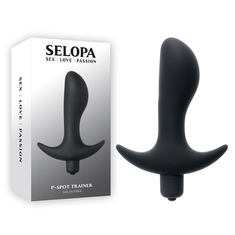 Selopa P-SPOT TRAINER - 12.7 cm Vibrating Prostate Massager with silicone design and packaging for intimate pleasure.