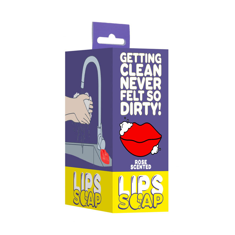 S-LINE Kiss Soap - Rose Scented Novelty Soap packaging illustrated with a hand washing with the soap in a sink.