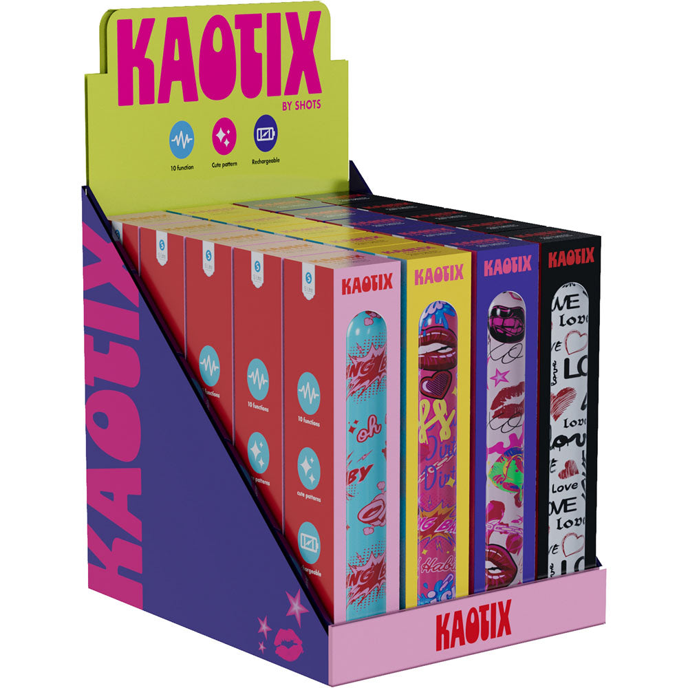 S-LINE Kaotix Display Box - USB Rechargeable Vibrators - Counter Display of 4 x 5 each showcasing bold designs and vibrant colors.