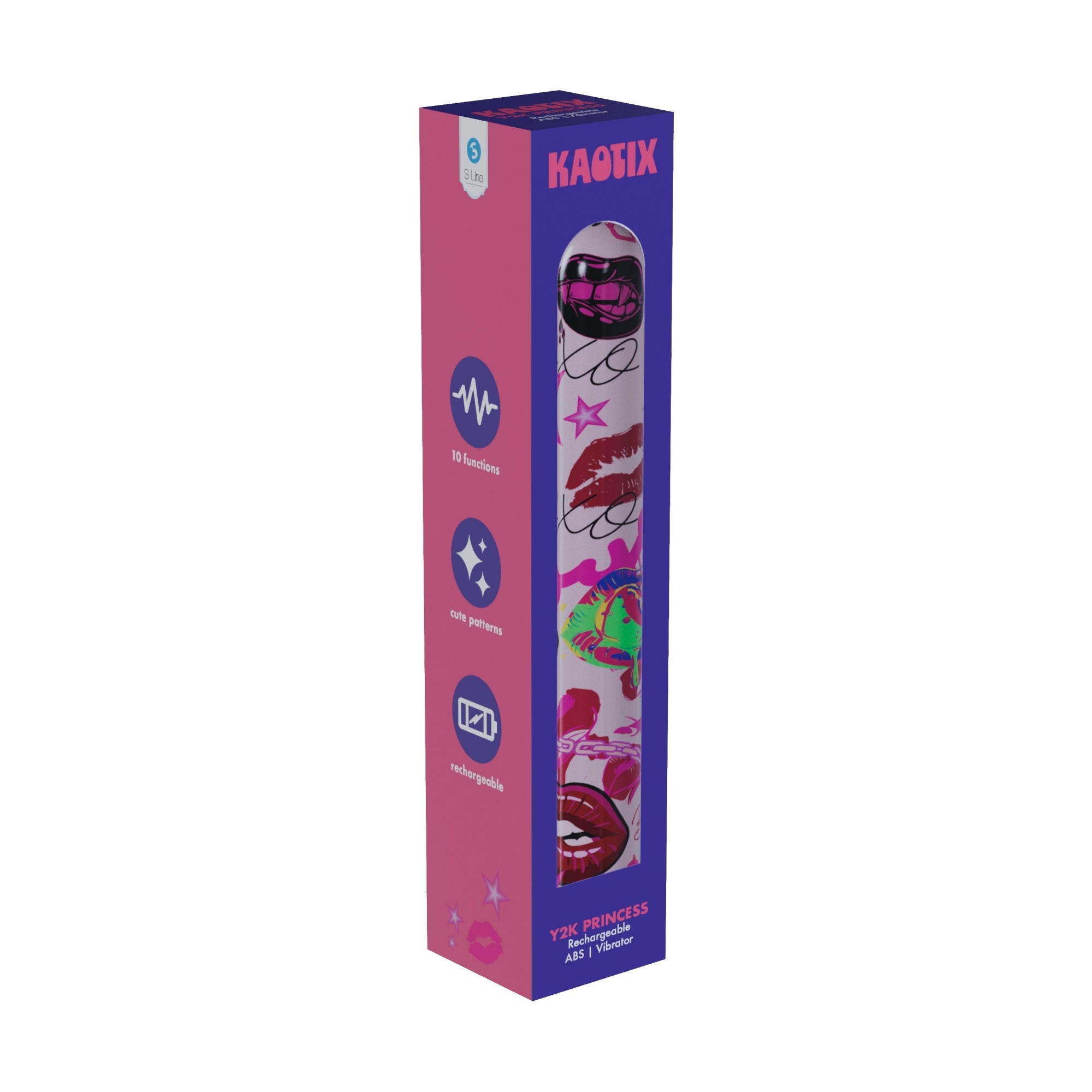 S-LINE Kaotix Display Box - USB Rechargeable Vibrators - Counter Display of 4 x 5 each featuring colorful patterns and 10 functions.
