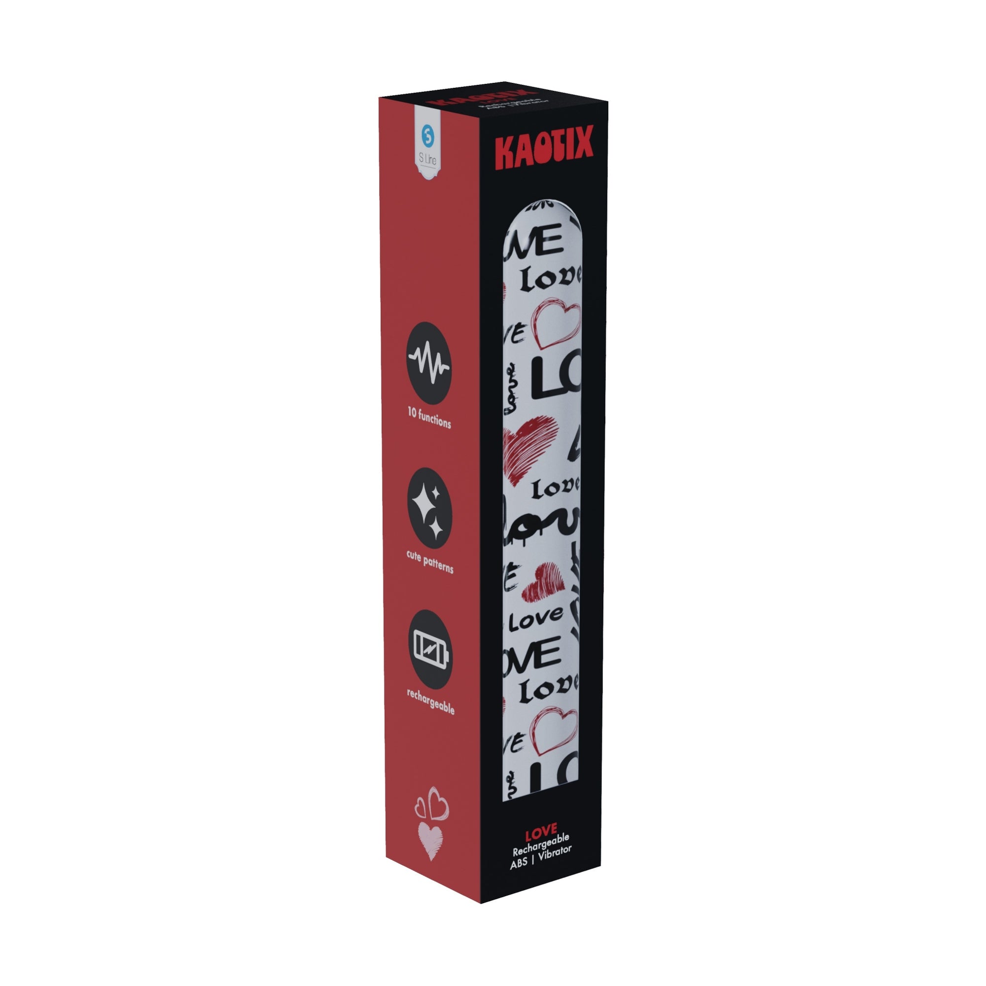 S-LINE Kaotix Display Box - USB Rechargeable Vibrators - Counter Display of 4 x 5 each featuring vibrant love-themed designs.
