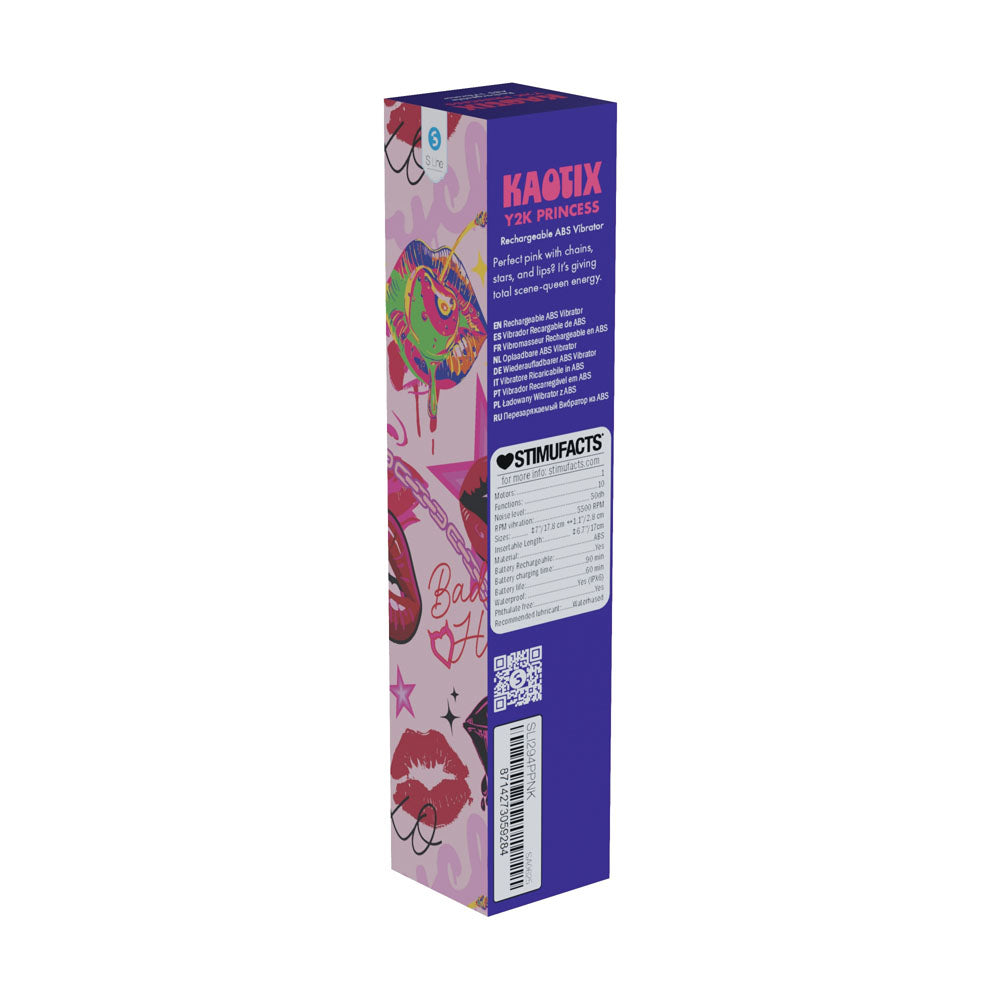 S-LINE Kaotix Y2K Princess - Powder 17.8 cm USB Rechargeable Vibrator packaging featuring vibrant designs and product information.