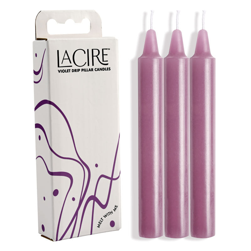 LaCire Drip Pillar Candles - Violet - Violet Drip Candles - Set of 3 in packaging, ideal for intimate experiences.