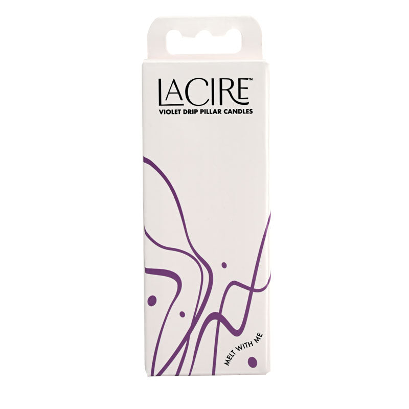LaCire Drip Pillar Candles - Violet - Violet Drip Candles - Set of 3 packaging featuring elegant design.
