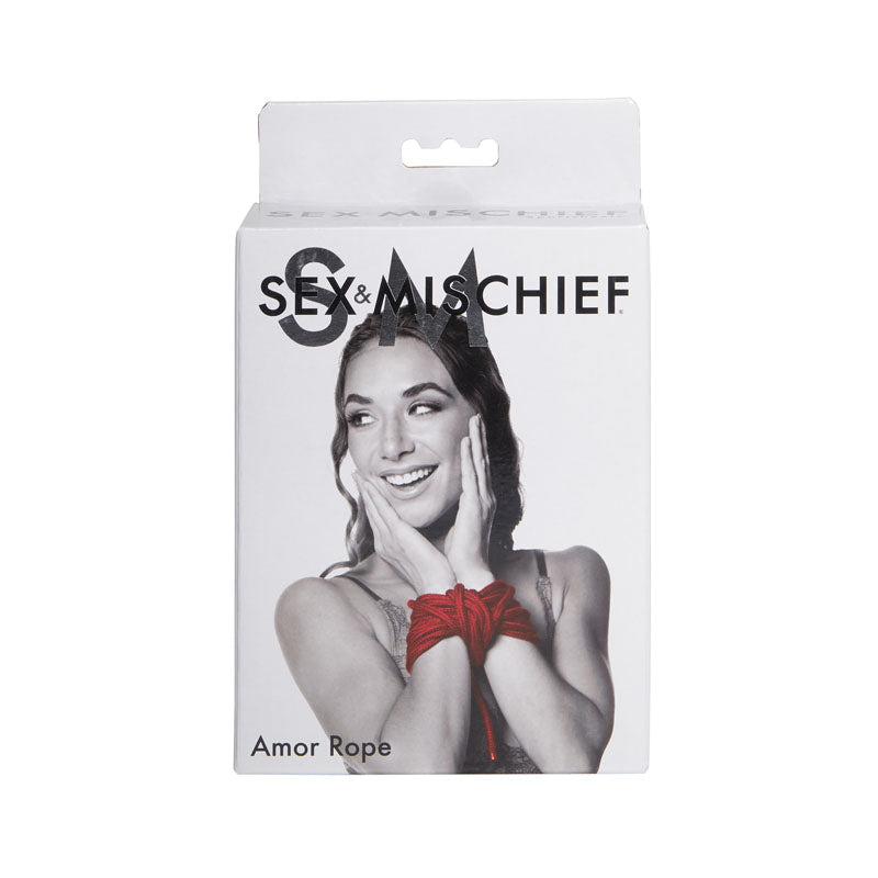 Sex & Mischief Amor Rope - 2 Bondage Ropes - 4.5 m Lengths packaging, featuring a smiling model in playful bondage.
