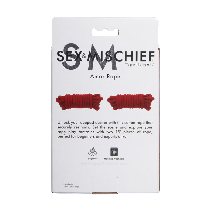 Sex & Mischief Amor Rope - 2  Bondage Ropes - 4.5 m Lengths packaging with red cotton rope for intimate play.
