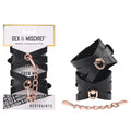 Sex & Mischief Brat Handcuffs - /Rose Gold Restraints with corset-like cutouts and chic chain for intimate adventures.