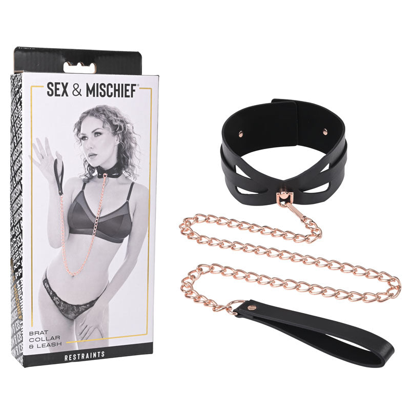 Sex & Mischief Brat Collar & Leash - /Black Restraint with rose gold chain and packaging, ideal for intimate essentials.
