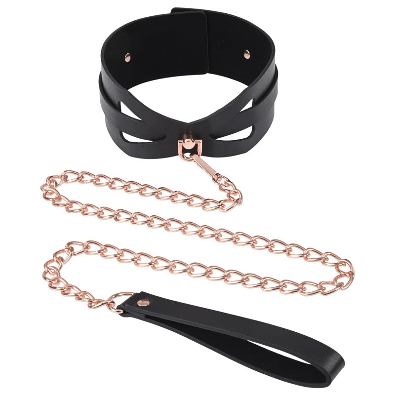 Sex & Mischief Brat Collar & Leash - /Black Restraint featuring corset-like cutouts and rose gold chain.