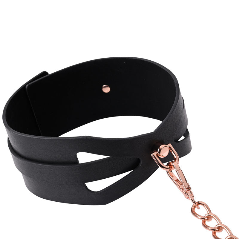 Sex & Mischief Brat Collar & Leash - /Black Restraint with corset cutouts and rose gold chain.