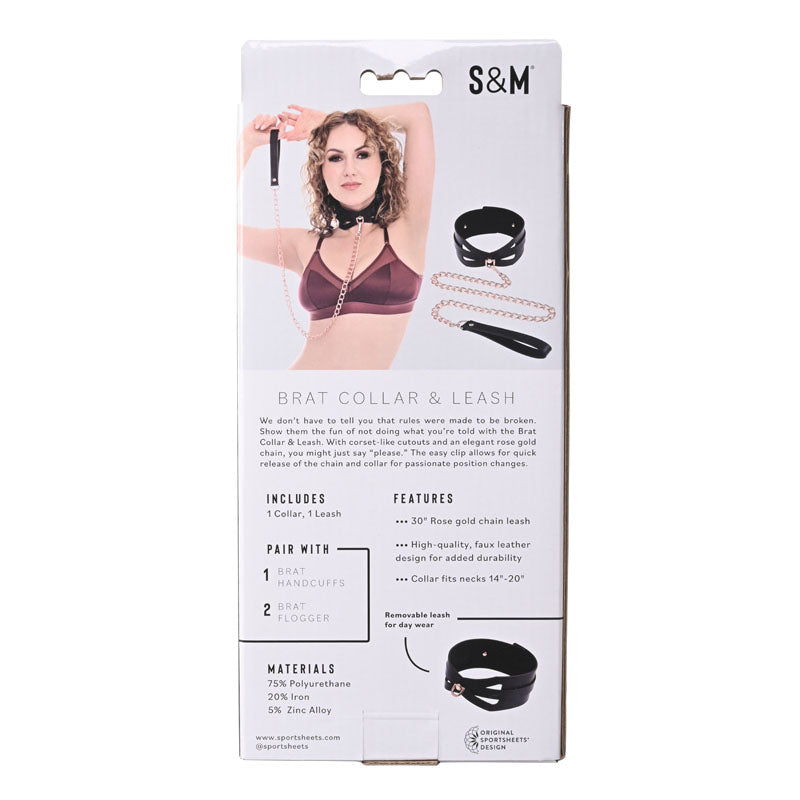 Sex & Mischief Brat Collar & Leash - /Black Restraint packaging with features and materials listed