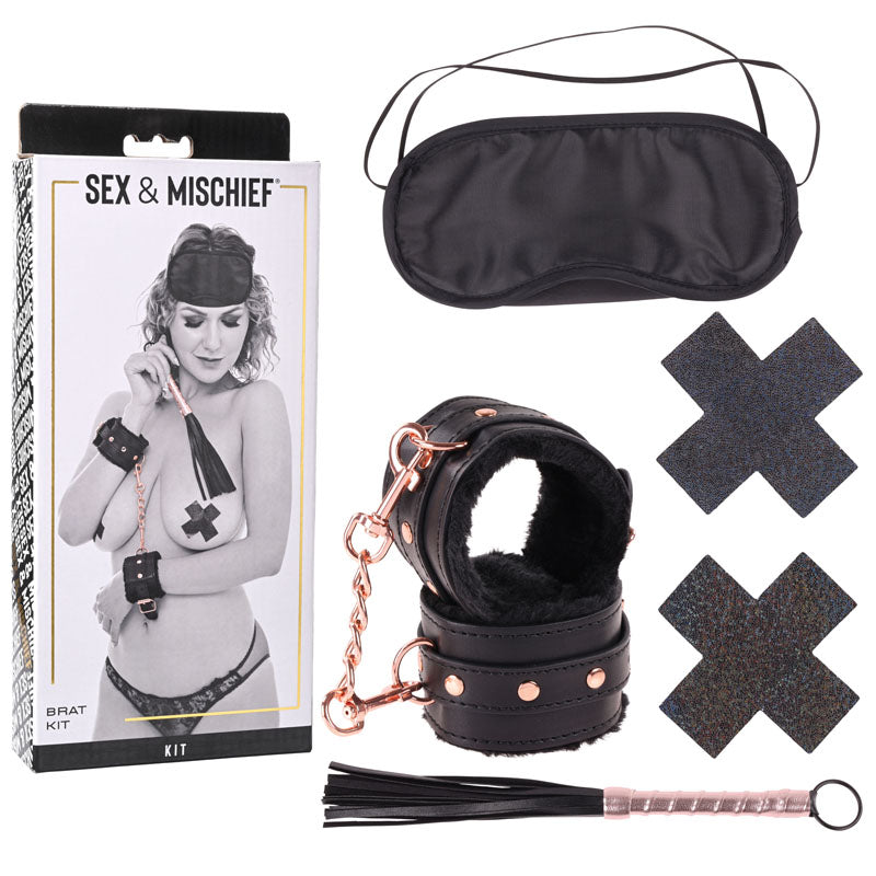 Sex & Mischief Brat Kit - 5 Piece Beginner Bondage Kit including wrist restraints, blindfold, pasties, and mini flogger.