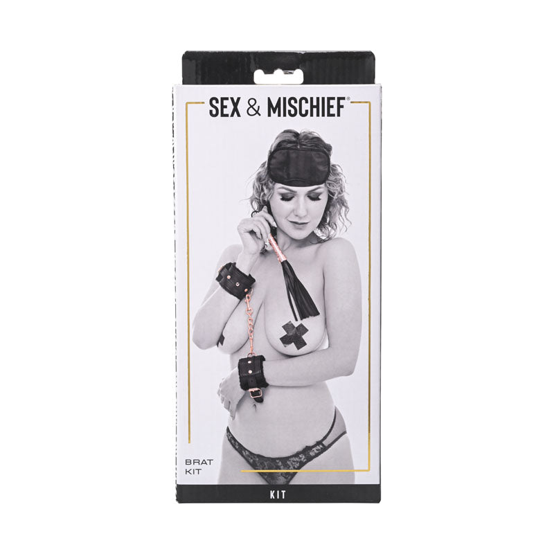 Sex & Mischief Brat Kit - 5 Piece Beginner Bondage Kit in stylish packaging featuring wrist restraints and blindfold.