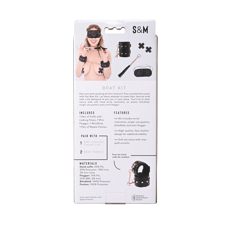 Sex & Mischief Brat Kit - 5 Piece Beginner Bondage Kit packaging showing components and features of the playful bondage kit.
