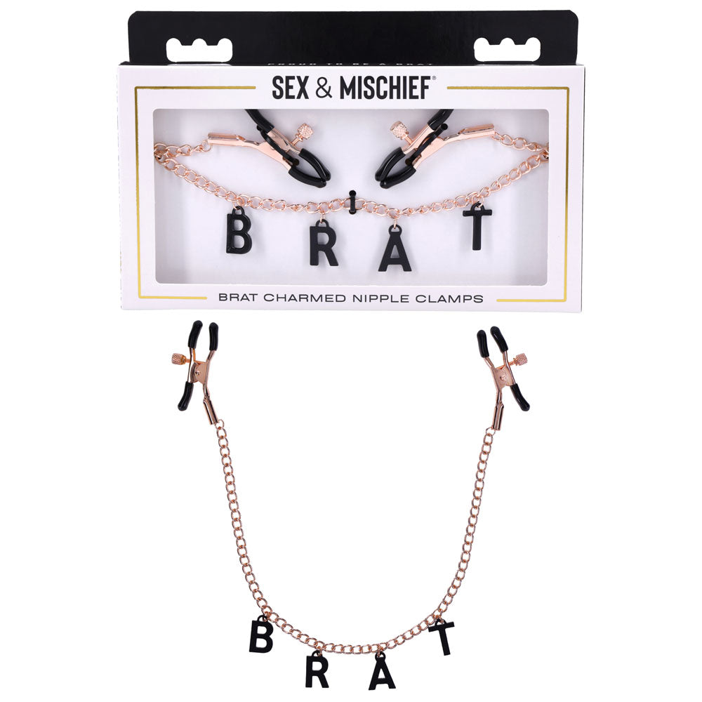 Sex & Mischief Brat Charmed Nipple Clamps -  Nipple Clamps with 45 cm Chain in stylish packaging.