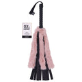 Sex & Mischief Brat Faux Fur Flogger - 50 cm Whip with Pink Faux Feather on display with rose gold handle.