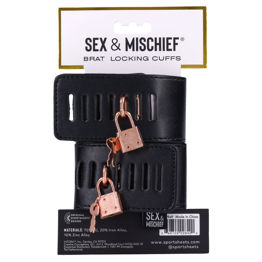 Sex & Mischief Brat Locking Cuffs - /Rose Gold Hand Cuffs displayed with black vegan leather and rose gold locks.