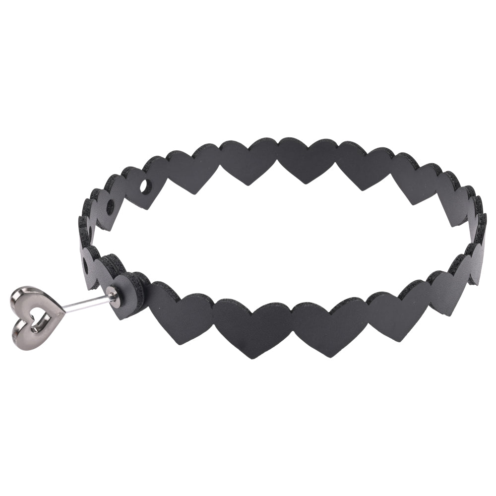Sex & Mischief Heart Day Collar -  Collar made of black faux leather with heart shapes and a lock for submission.