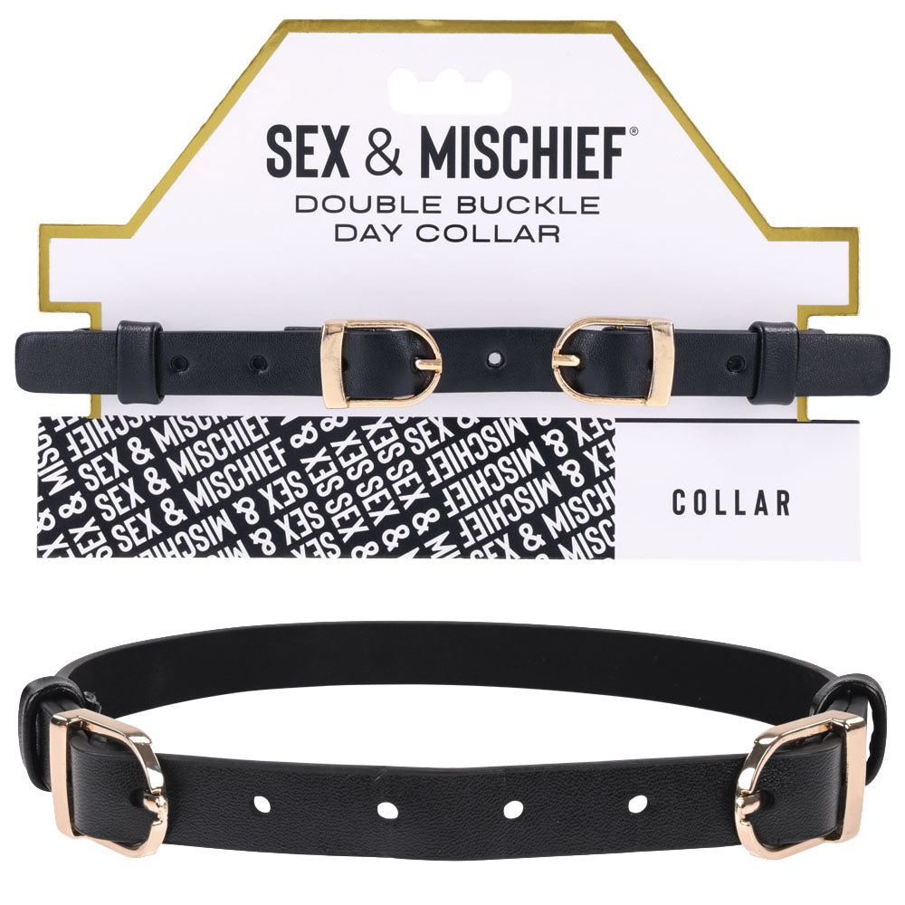 Sex & Mischief Double Buckle Day Collar -  Collar displayed with packaging.