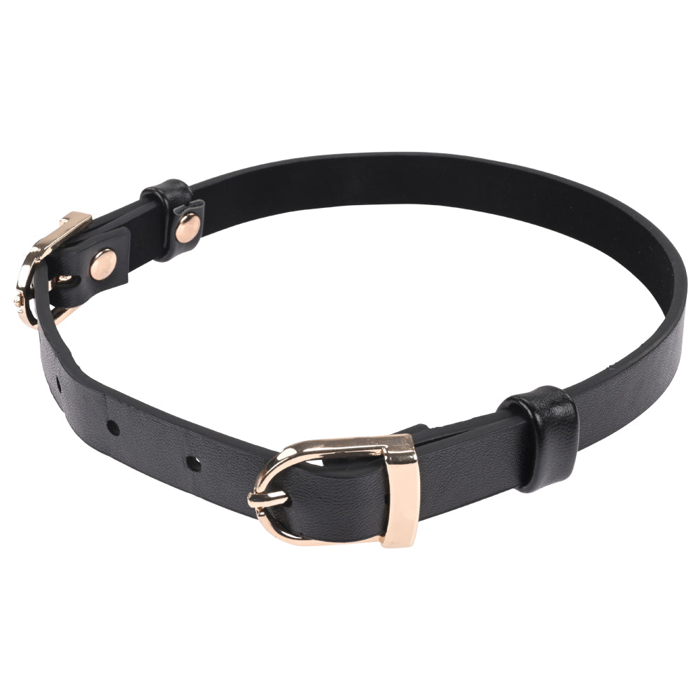 Sex & Mischief Double Buckle Day Collar -  Collar made of black faux leather with gold buckles and adjustable fit.