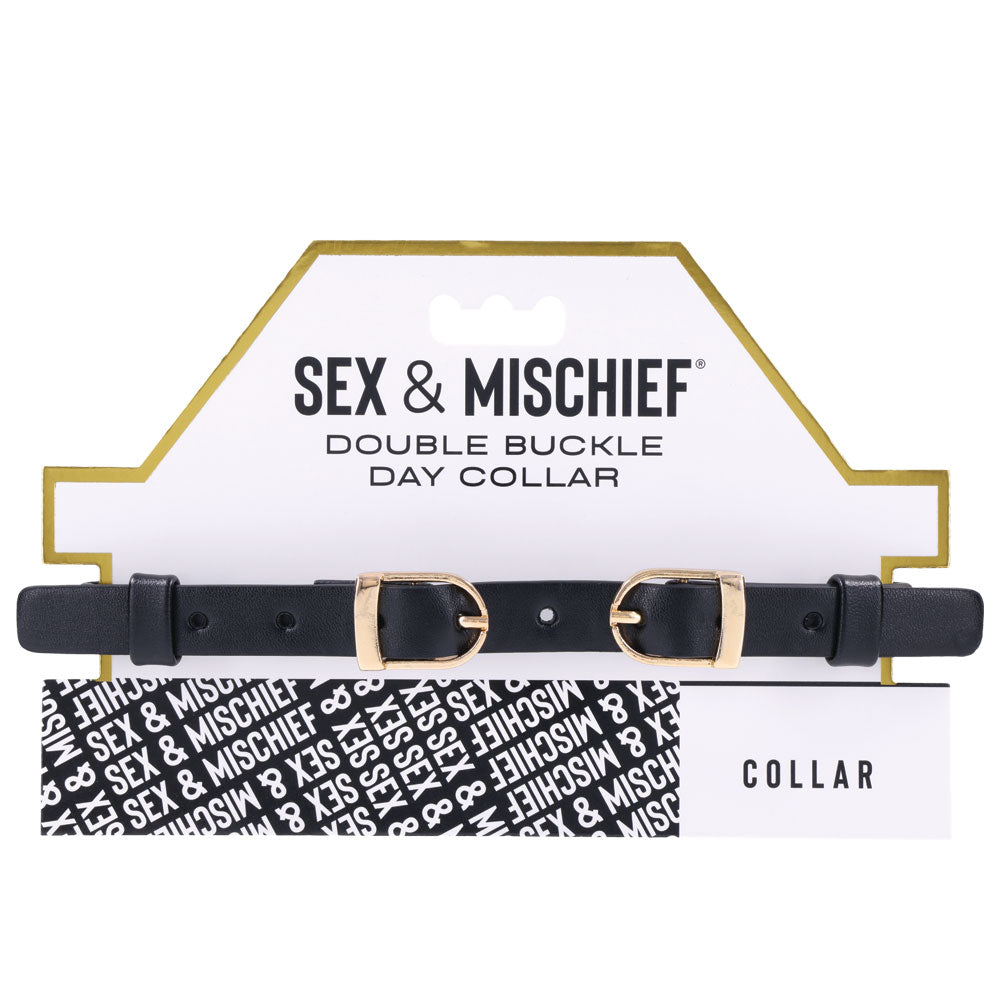 Sex & Mischief Double Buckle Day Collar -  Collar, stylish black faux leather with two adjustable buckles.