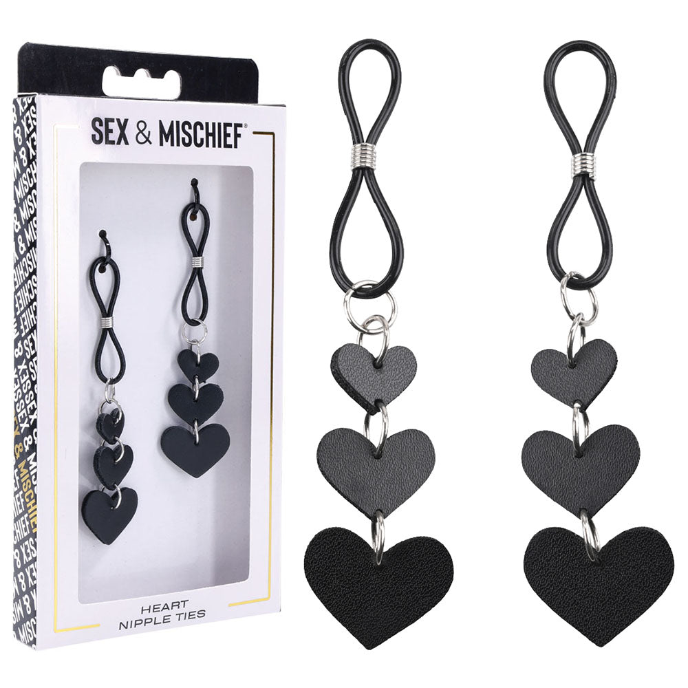 Sex & Mischief Heart Nipple Ties -  Nipple Restraints - Set of 2 in a stylish black packaging with heart designs.