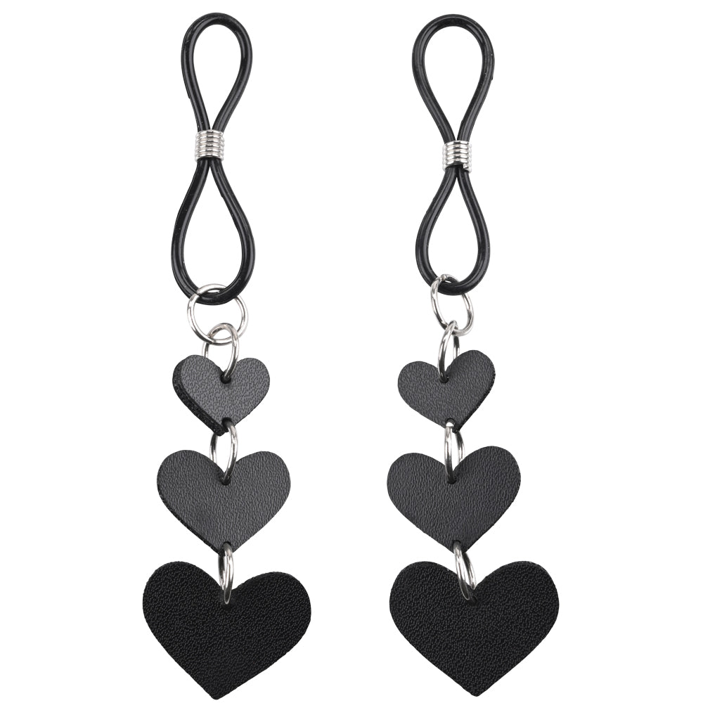 Sex & Mischief Heart Nipple Ties -  Nipple Restraints - Set of 2 featuring black faux leather heart design.